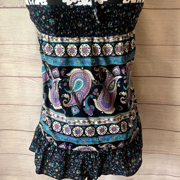 Paisley and Floral Black Purple Blue Halter Tank Top Ruffle Peplum Bottom - Picture 6 of 8